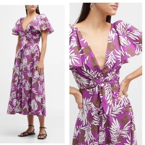 NWT Tanya Taylor Lonna Purple Tie Front Floral Poplin Midi Dress Size 18 💜🤎 - Picture 1 of 11